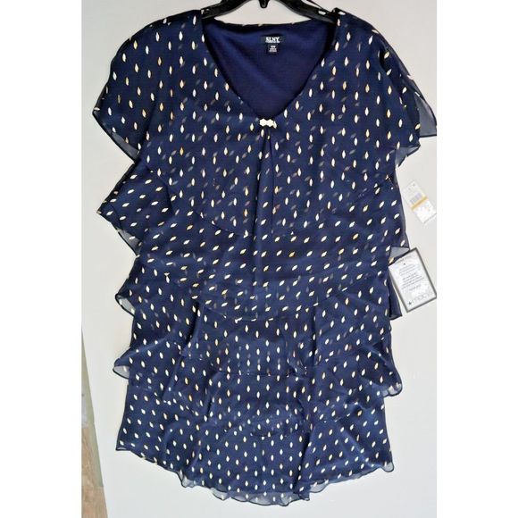 SLNY Women's Sz 16W Navy Gold Printed Flutter Knee Length Shift Party Dress $129 - Picture 7 of 13